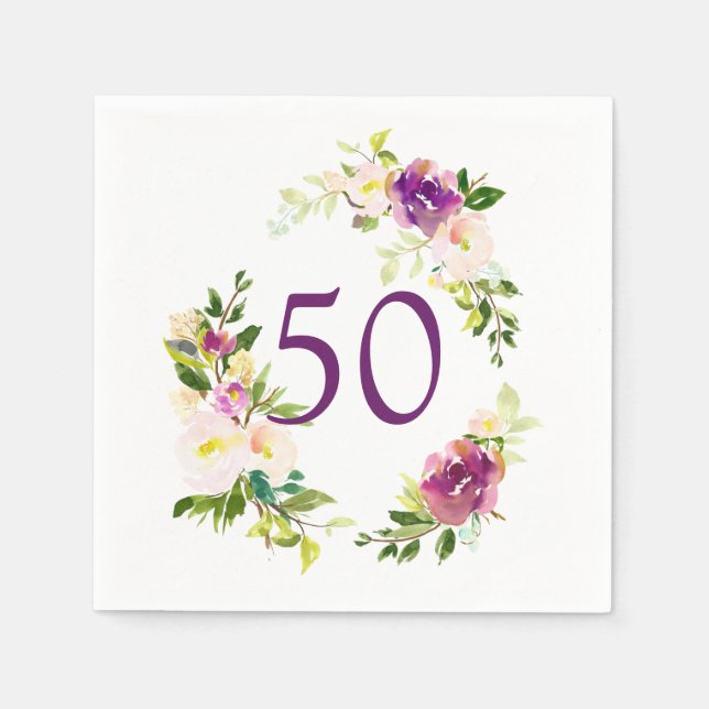 Watercolor Floral 50th Birthday Napkins (Front)