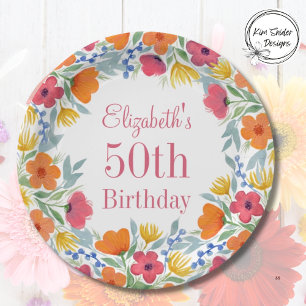 Watercolor Floral 50th Birthday Paper Plates