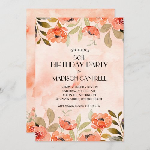 Watercolor Floral 50th Birthday Party Invitation