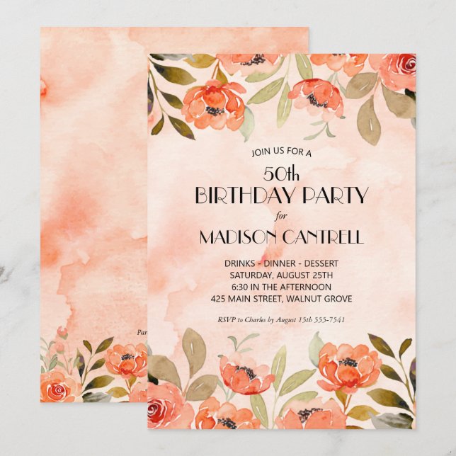 Watercolor Floral 50th Birthday Party Invitations (Front/Back)