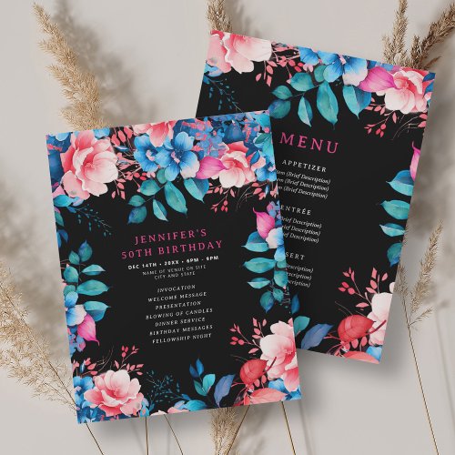 Watercolor Floral 50th Birthday Program Menu Black