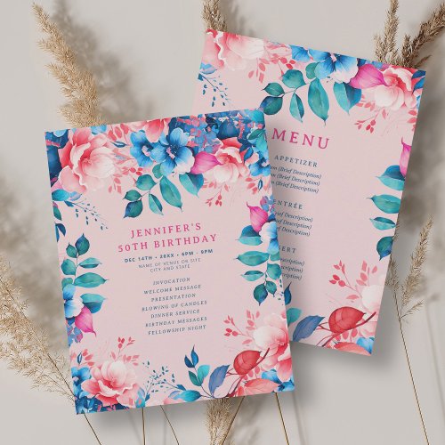 Watercolor Floral 50th Birthday Program Menu Blush