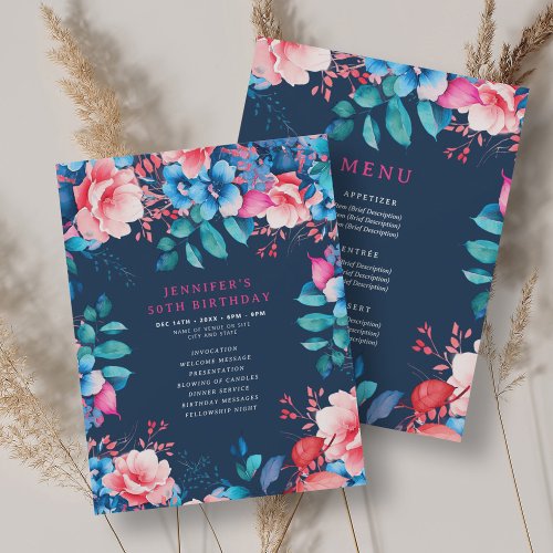 Watercolor Floral 50th Birthday Program Menu Navy 