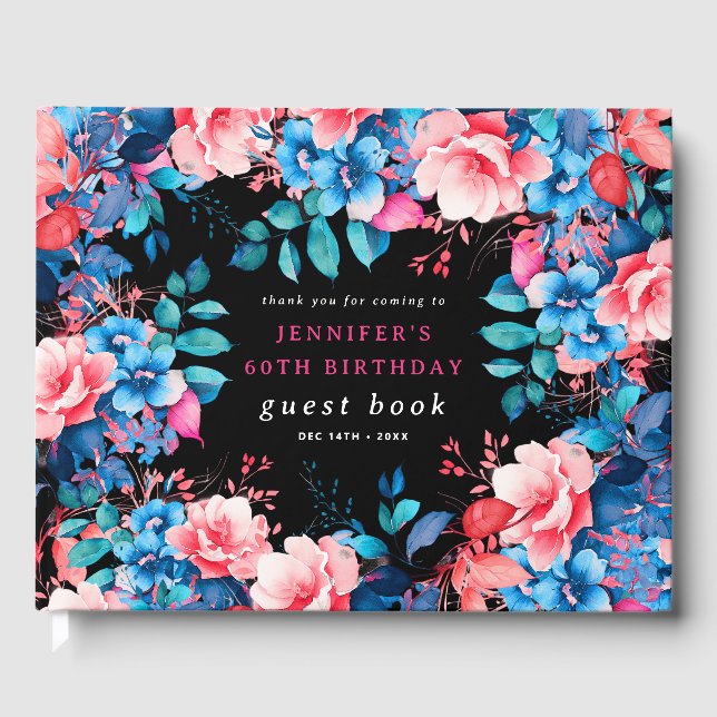 Watercolor Floral 60th Birthday Guest Book Black (Front)