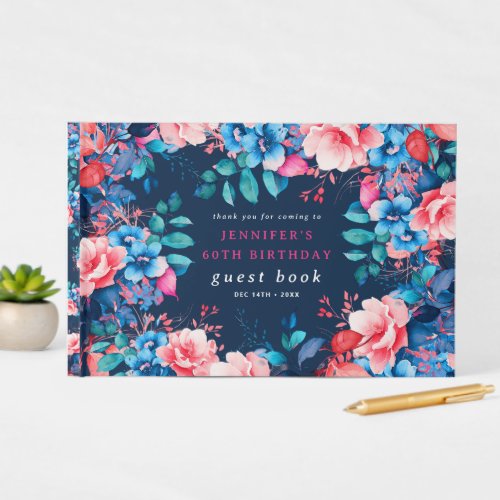 Watercolor Floral 60th Birthday Guest Book Navy 