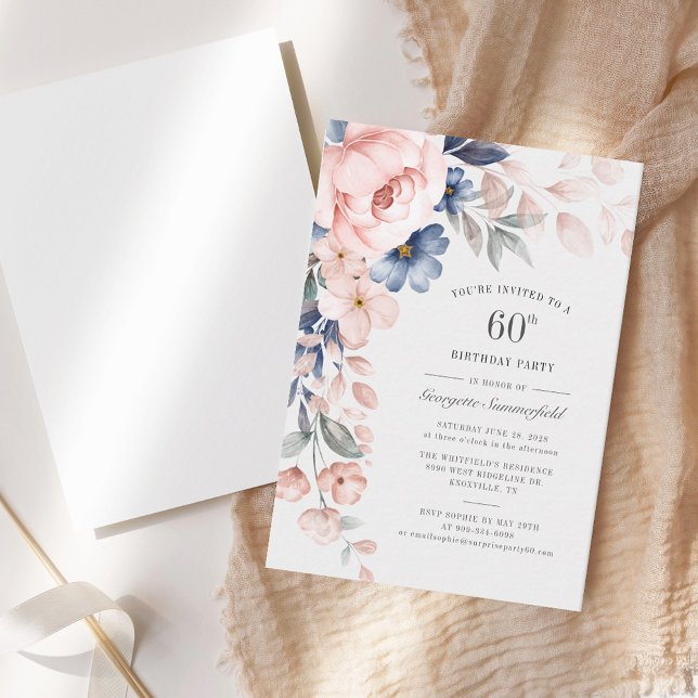 Watercolor Floral 60th Birthday Party Invitation (Watercolor Floral 60th Birthday Party Invitation)