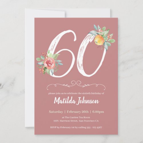 Watercolor Floral 60th Birthday Party  Invitation