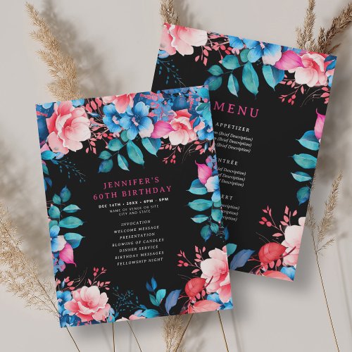 Watercolor Floral 60th Birthday Program Menu Black