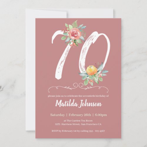 Watercolor Floral 70th Birthday Party  Invitation