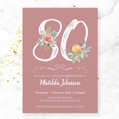 Watercolor Floral 80th Birthday Party  Invitation