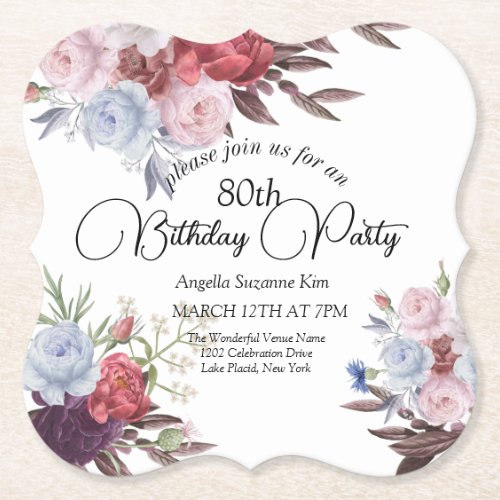  Watercolor Floral 80th Birthday Party Invitation Paper Coaster