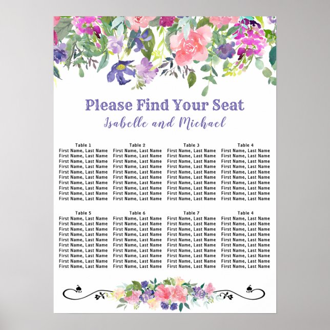 Watercolor Floral 8-Table Wedding Seating Chart (Front)