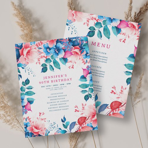 Watercolor Floral 90th Birthday Program Menu