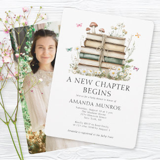 Watercolor Floral A New Chapter Photo Baby Shower Invitation