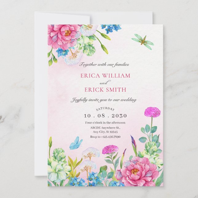 Watercolor floral aesthetic wedding invitation (Front)