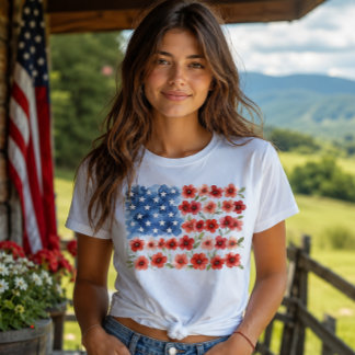 Watercolor Floral American Flag Patriotic Flower T-Shirt