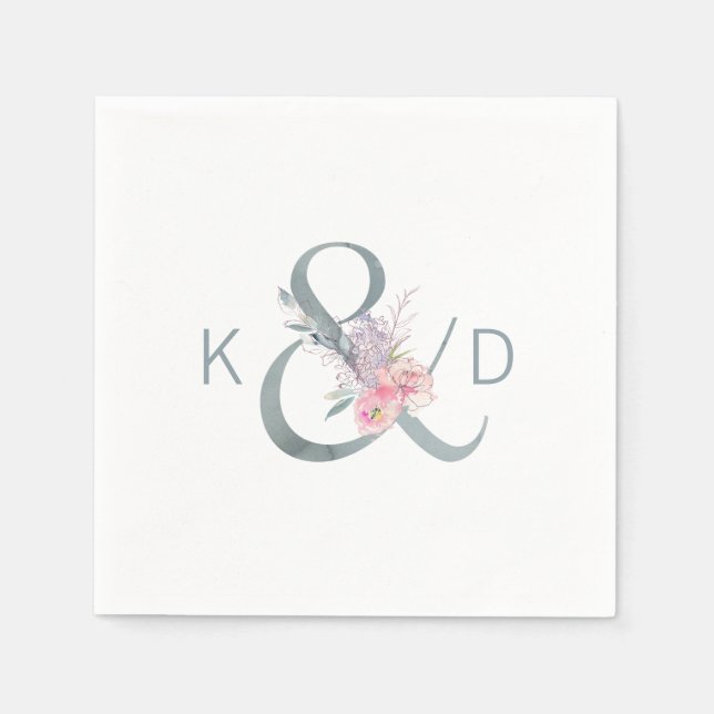 Watercolor Floral Ampersand and Monogram Wedding Paper Napkins (Front)