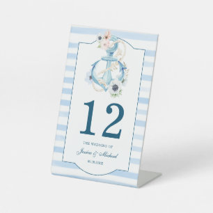 Watercolor Floral Anchor Blue Stripes Wedding Pedestal Sign