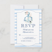 Watercolor Floral Anchor Blue Stripes Wedding RSVP Card