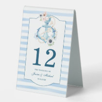 Watercolor Floral Anchor Blue Stripes Wedding Table Tent Sign