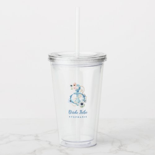 Watercolor Floral Anchor Bridesmaid Beach Wedding Acrylic Tumbler