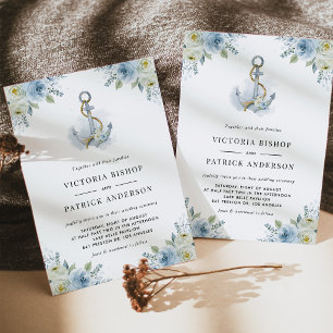 Watercolor Floral Anchor Nautical QR Code Wedding Invitation