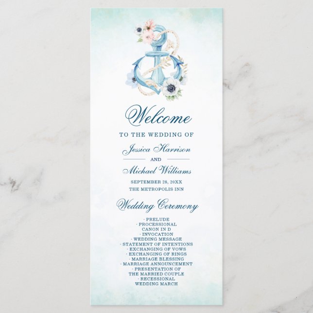 Watercolor Floral Anchor Teal Beach Wedding Program (Front)