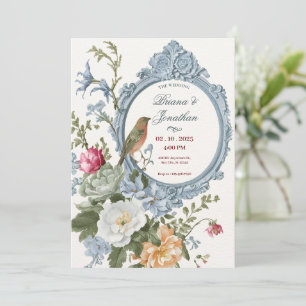 Watercolor floral and bird frame artistic wedding invitation