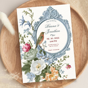 Watercolor floral and bird frame artistic wedding invitation