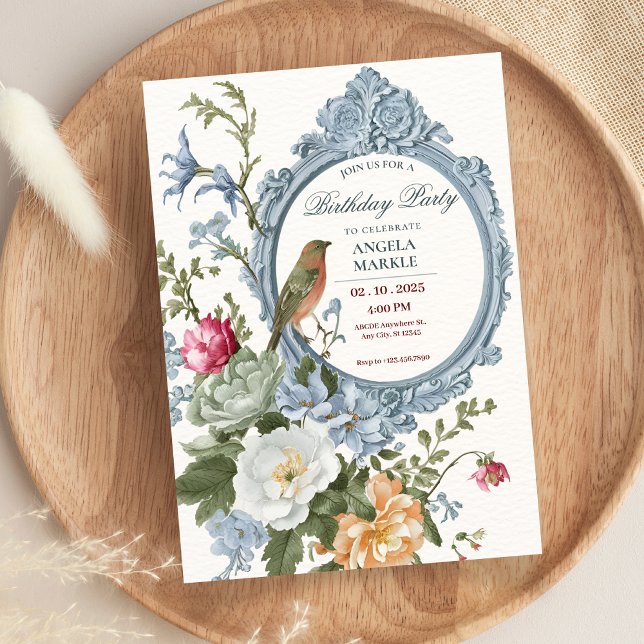 Watercolor floral and bird frame Birthday Invitation (Creator Uploaded)