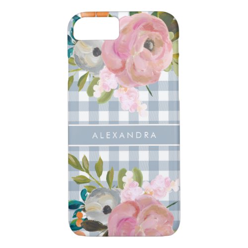 Watercolor Floral and Blue Gingham with Name iPhone 87 Case