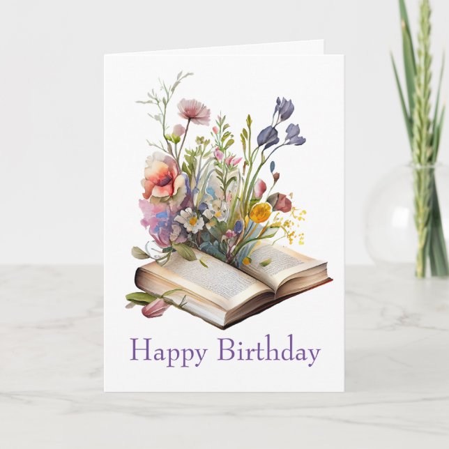 Watercolor Floral and Books Birthday Card (Front)