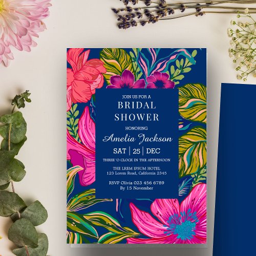 Watercolor floral and botanical blue bridal shower invitation