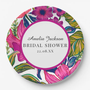 Watercolor floral and botanical blue bridal shower paper plates