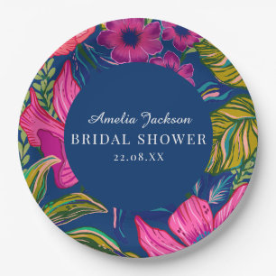 Watercolor floral and botanical blue bridal shower paper plates