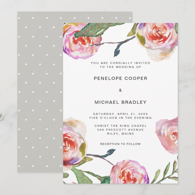 Watercolor Floral and Dots Wedding Invitation (Front/Back)