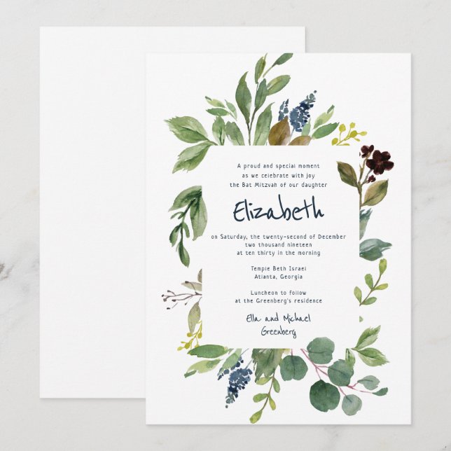 Watercolor Floral and Foliage Bat Mitzvah Invitation (Front/Back)