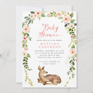 Watercolor floral and foliage deer baby shower announcement