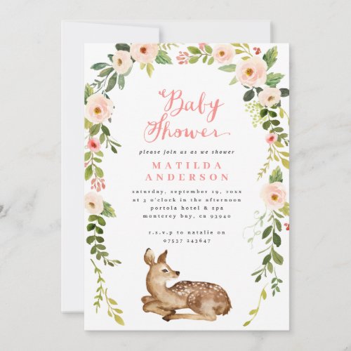 Watercolor floral and foliage deer baby shower announcement