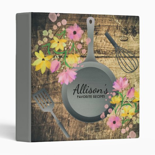 Watercolor Floral and Frying Pan Cookbook 3 Ring Binder