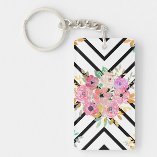 Watercolor floral and geometric diamond design keychain