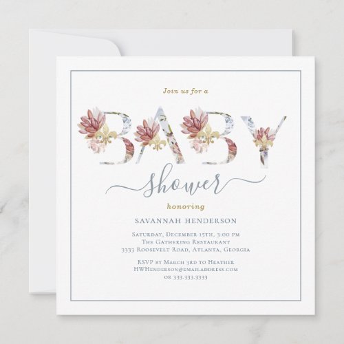 Watercolor Floral and Gold Baby Shower Invitation