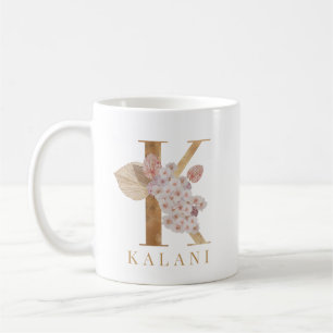 Watercolor Floral and Gold Letter K Initial Coffee Mug