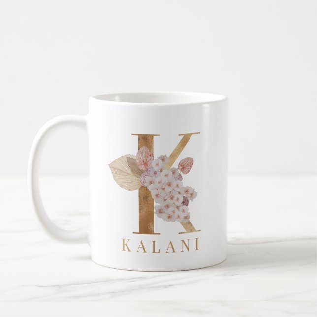 Watercolor Floral and Gold Letter K Initial Coffee Mug (Left)