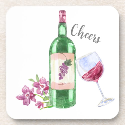 Watercolor Floral and Red Wine Design Beverage Coaster
