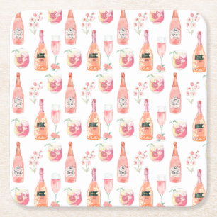 Watercolor Floral and Rose Wine design. Square Paper Coaster