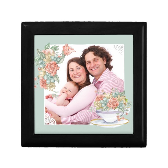 Watercolor Floral and Teacup Custom Photo Gift Box (Front)