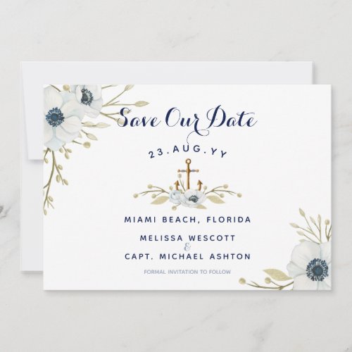 Watercolor Floral Anemone Navy Nautical Wedding Save The Date