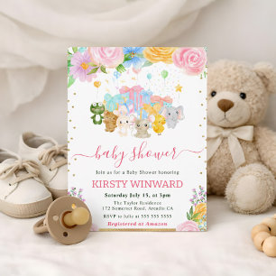 Watercolor Floral Animal Friends Baby Shower Invitation