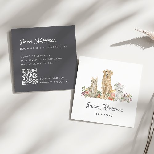 Watercolor Floral Animals  Pet Care Square Business Card